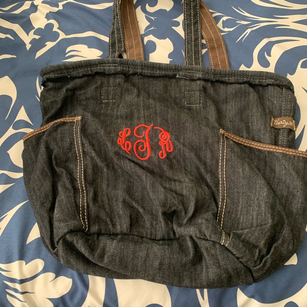 Thirty-One Retro Metro Tote - Denim print - Initials LRT (T in the middle)